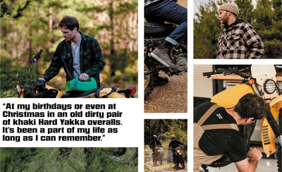 A collage of images featuring Elton Kings and Brook James riding and repairing motorcycles, while wearing Hard Yakka workwear