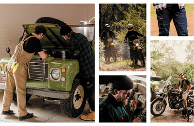 A collage of images with Elton Kings and Brook James repairing a classic Land Rover, riding motorcycles and wearing Hard Yakka workwear