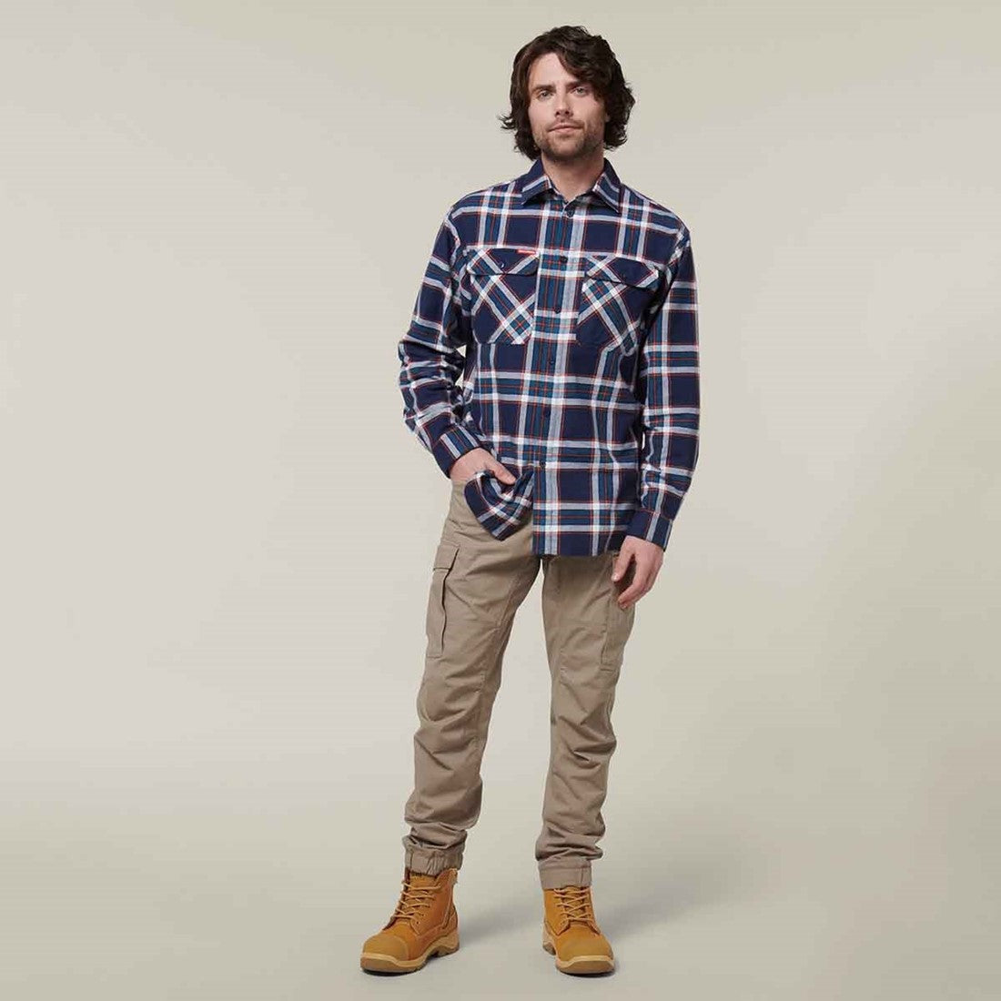 Hard Yakka Men's Lightweight Check Flannel Shirt Navy