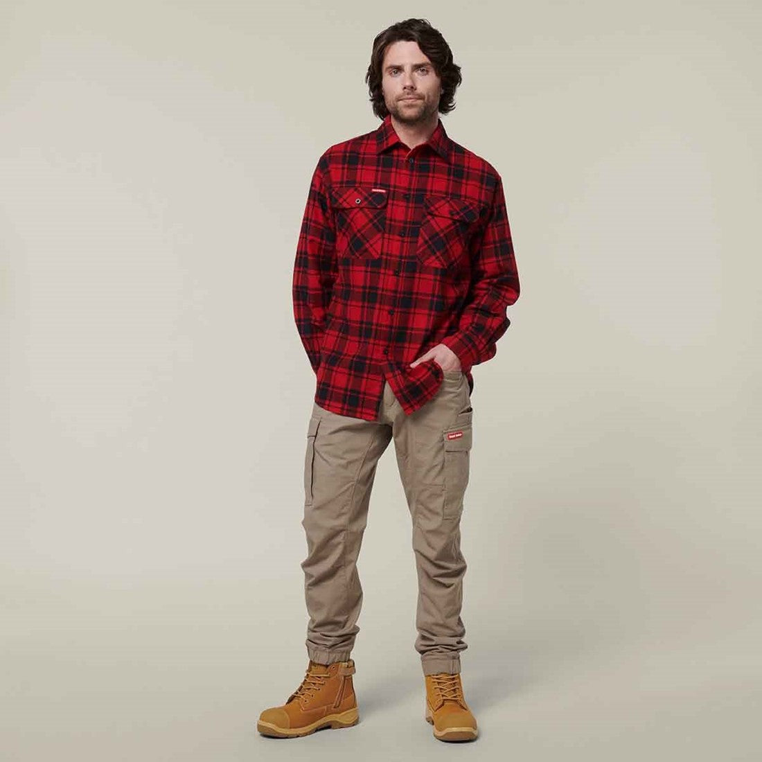 Hard Yakka Men's Lightweight Check Flannel Shirt Red